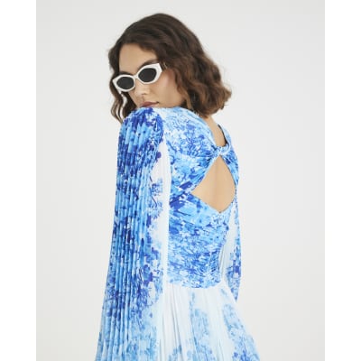 Blue Floral Long Sleeve Plisse Mini Dress