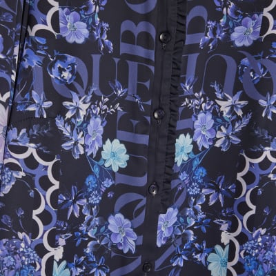 Blue Floral Long Sleeve Ruffle Blouse