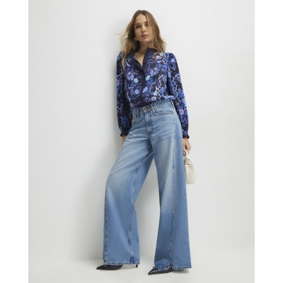 Blue Floral Long Sleeve Ruffle Blouse