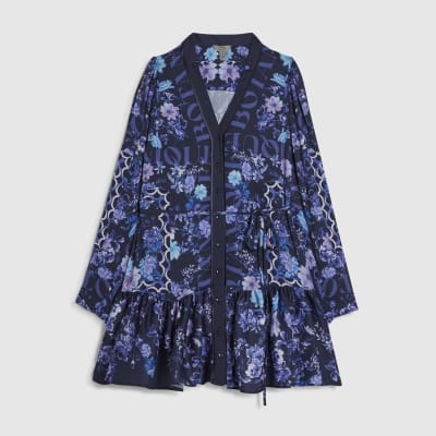 Blue Floral Mini Shirt Dress