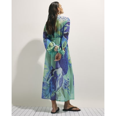 Blue Floral Print Maxi Beach Tunic Dress