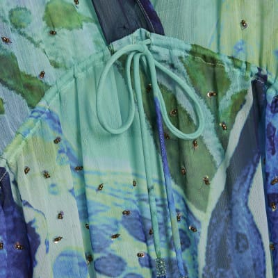 Blue Floral Print Maxi Beach Tunic Dress