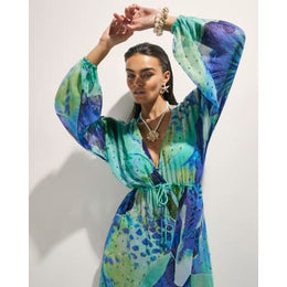 Blue Floral Print Maxi Beach Tunic Dress