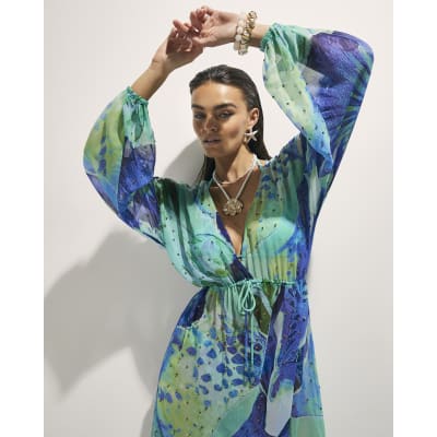 Blue Floral Print Maxi Beach Tunic Dress