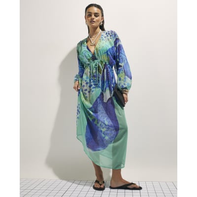 Blue Floral Print Maxi Beach Tunic Dress