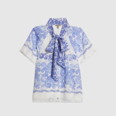 Blue Floral Pussybow Blouse