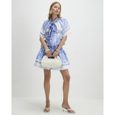 Blue Floral Pussybow Blouse