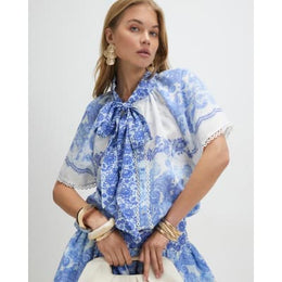 Blue Floral Pussybow Blouse