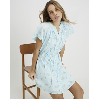 Blue Floral Short Sleeve Mini Dress