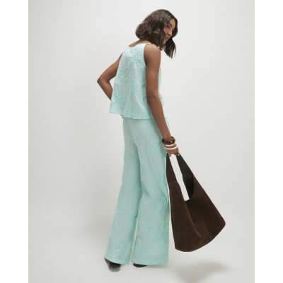 Blue Floral Textured Trousers