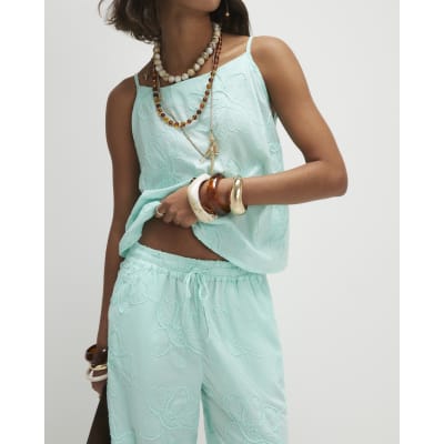 Blue Floral Textured Trousers