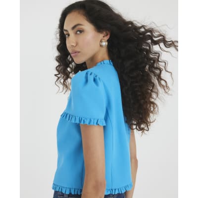 Blue Frill Button Tailored Top