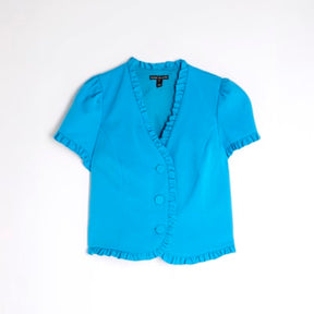 Blue Frill Button Tailored Top