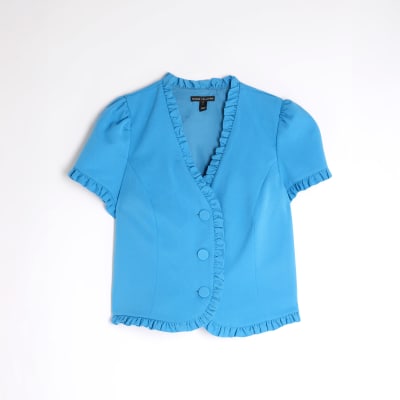 Blue Frill Button Tailored Top