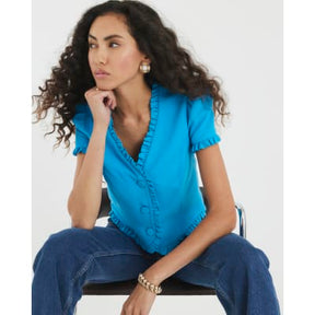 Blue Frill Button Tailored Top