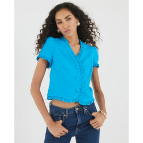 Blue Frill Button Tailored Top
