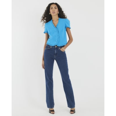 Blue Frill Button Tailored Top