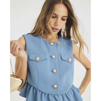 Blue Frill Hem Tailored Top