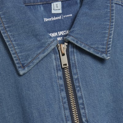 Blue Gather Detail Denim Bomber Jacket