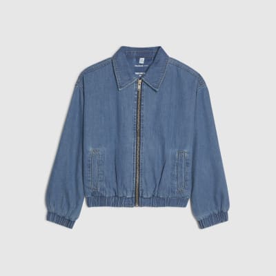 Blue Gather Detail Denim Bomber Jacket