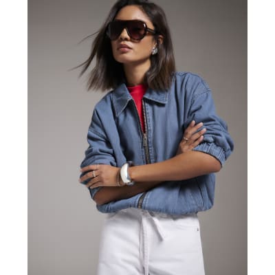 Blue Gather Detail Denim Bomber Jacket