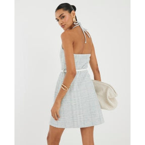 Blue Halter Neck Boucle Belted Mini Dress