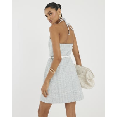 Blue Halter Neck Boucle Belted Mini Dress