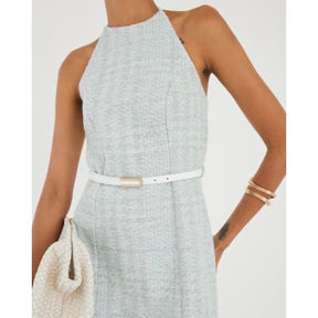 Blue Halter Neck Boucle Belted Mini Dress