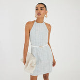 Blue Halter Neck Boucle Belted Mini Dress