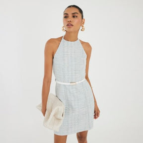 Blue Halter Neck Boucle Belted Mini Dress