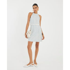 Blue Halter Neck Boucle Belted Mini Dress