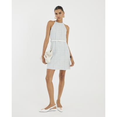 Blue Halter Neck Boucle Belted Mini Dress