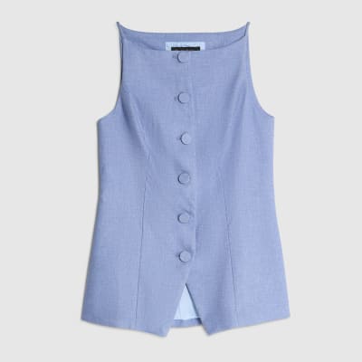 Blue High Neck Fitted Waistcoat