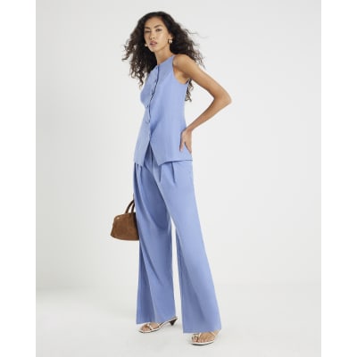 Blue High Neck Fitted Waistcoat