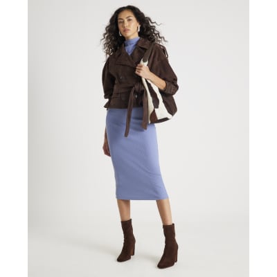 Blue High Neck Ribbed Midi Dress