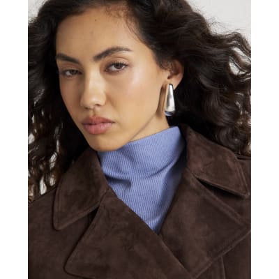 Blue High Neck Ribbed Midi Dress