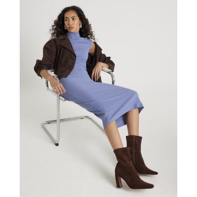 Blue High Neck Ribbed Midi Dress