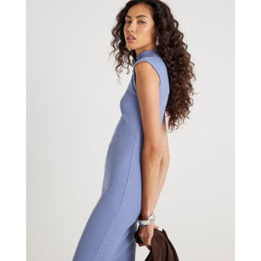Blue High Neck Ribbed Midi Dress