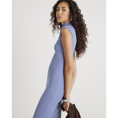 Blue High Neck Ribbed Midi Dress