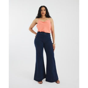 Blue High Rise Palazzo Button Detail Jeans