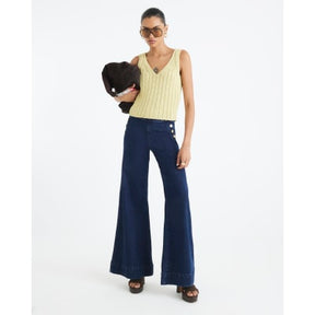 Blue High Rise Palazzo Button Detail Jeans