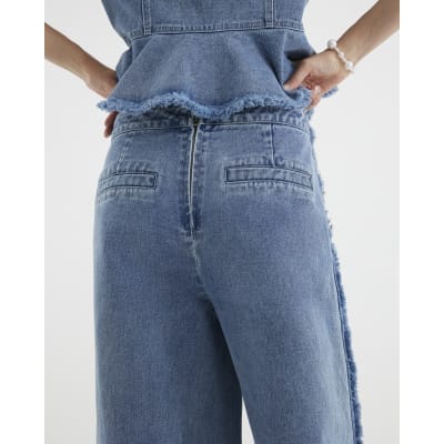 Blue High Rise Palazzo Diamante Button Jeans