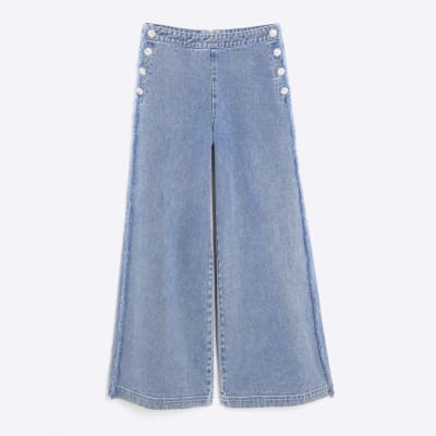 Blue High Rise Palazzo Diamante Button Jeans