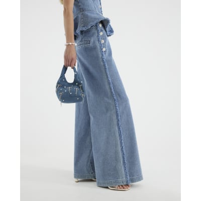 Blue High Rise Palazzo Diamante Button Jeans