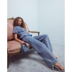 Blue High Rise Palazzo Diamante Button Jeans