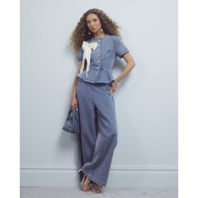 Blue High Rise Palazzo Diamante Button Jeans