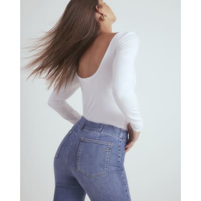 Blue High Rise Pull On Flared Jeans