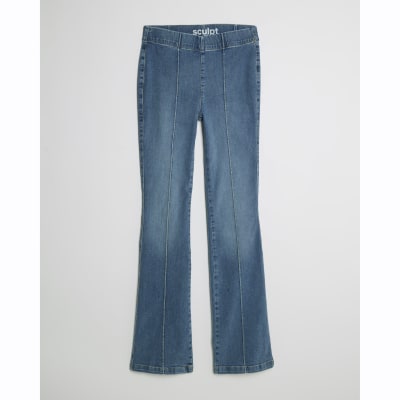 Blue High Rise Pull On Flared Jeans