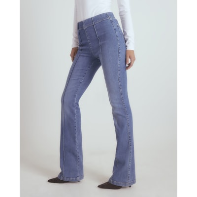 Blue High Rise Pull On Flared Jeans