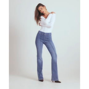 Blue High Rise Pull On Flared Jeans